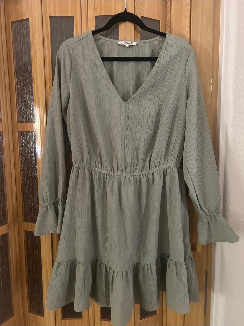 Blush Light Sage V-Neck Tiered Long Sleeve Dress